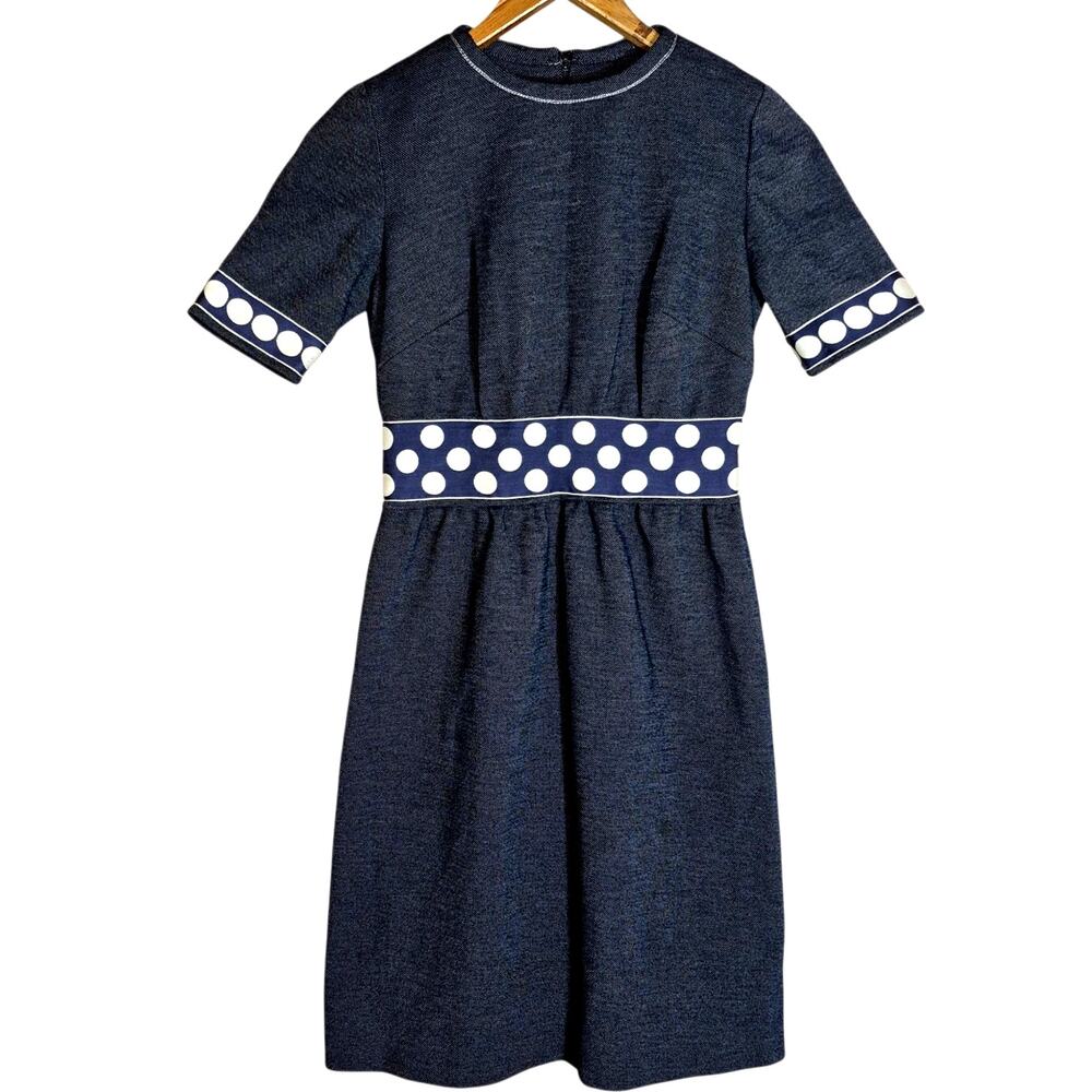 Vintage 1960s Kiva LTD Mod-Style A-Line Dress Polk-a-Dot Zip Back blue USA S